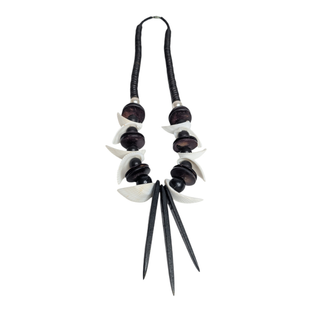 Tribal Statement‎ Necklace 15in Wood Shell Spike Beads Boho Ethnic Black White